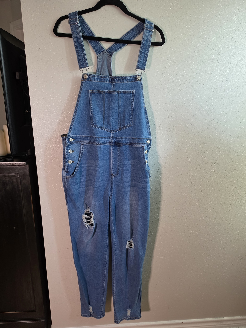 Classic Blue Denim Overalls- Distressed Style